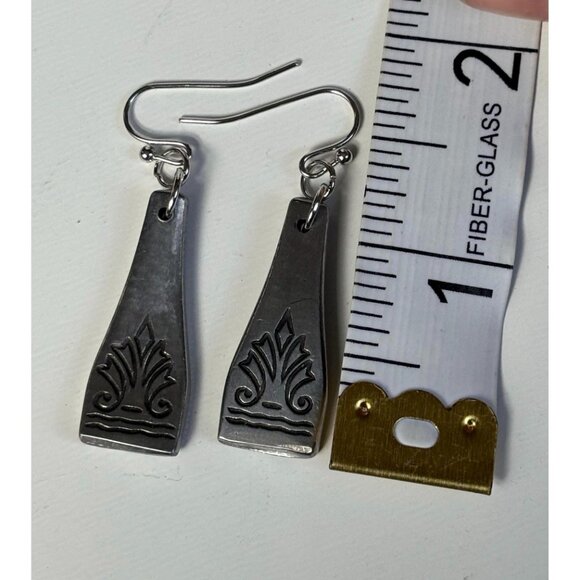 Handmade Upcycled Silverware Earrings: Geometric Stainless Steel Drop Earrings - Picture 5 of 6